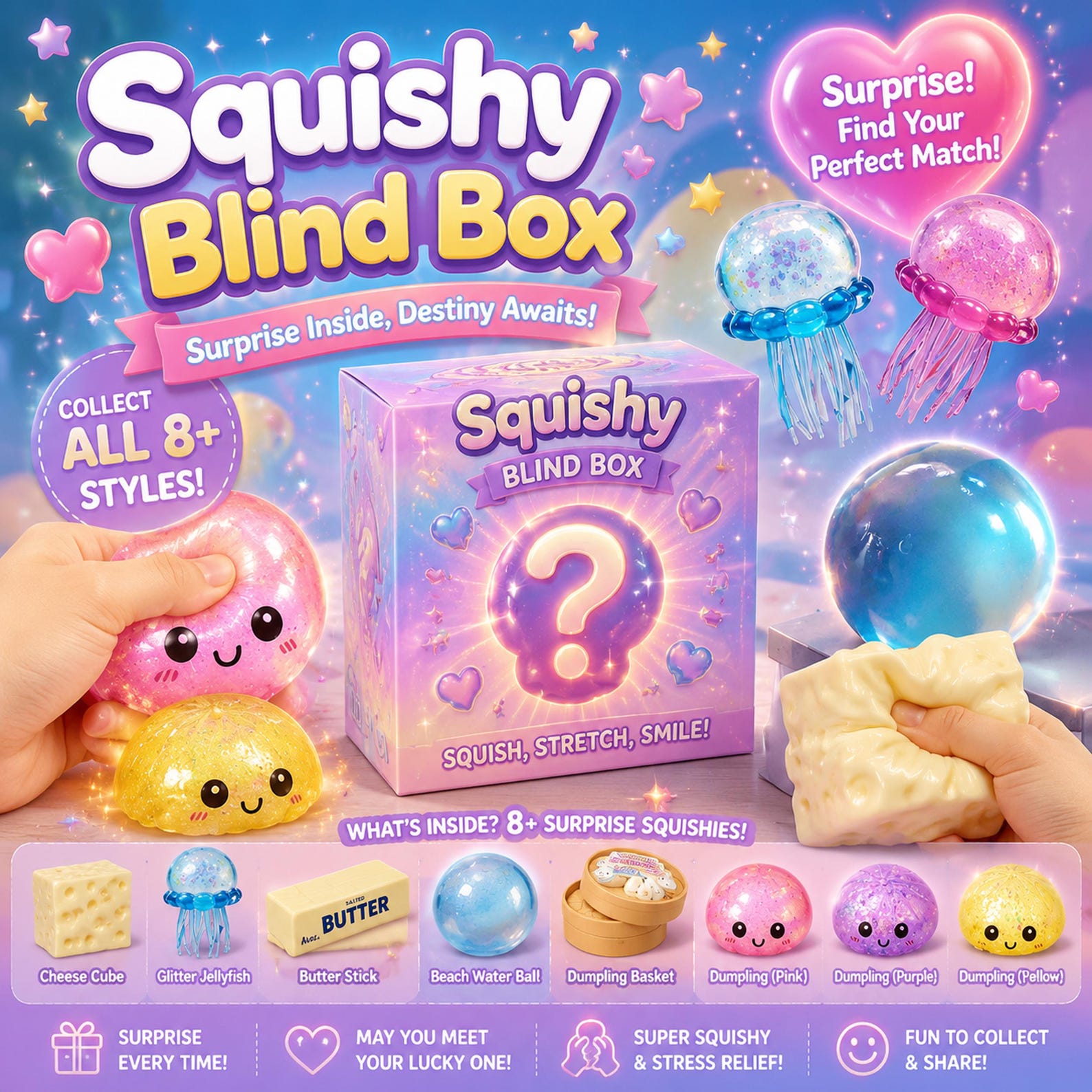 Kids Toys Box - Kawaii Squishy Blind Box, Glitter Jellyfish